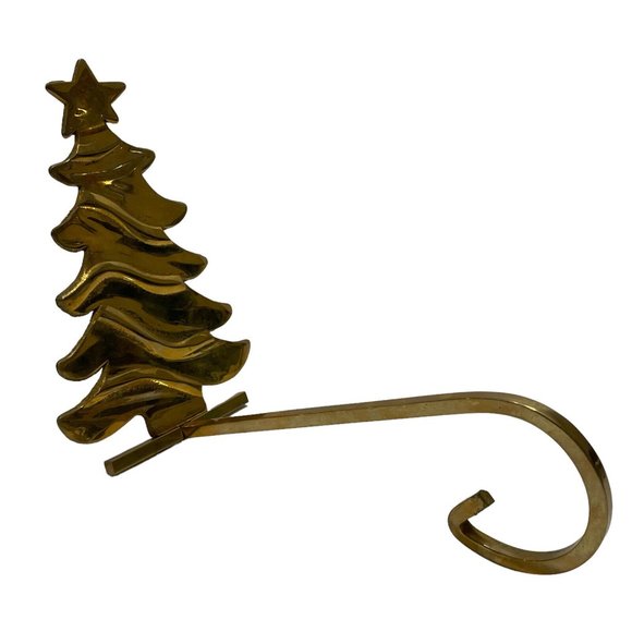 Vtg Brass Tree Long Arm Christmas Stocking Holder Hanger Mantel